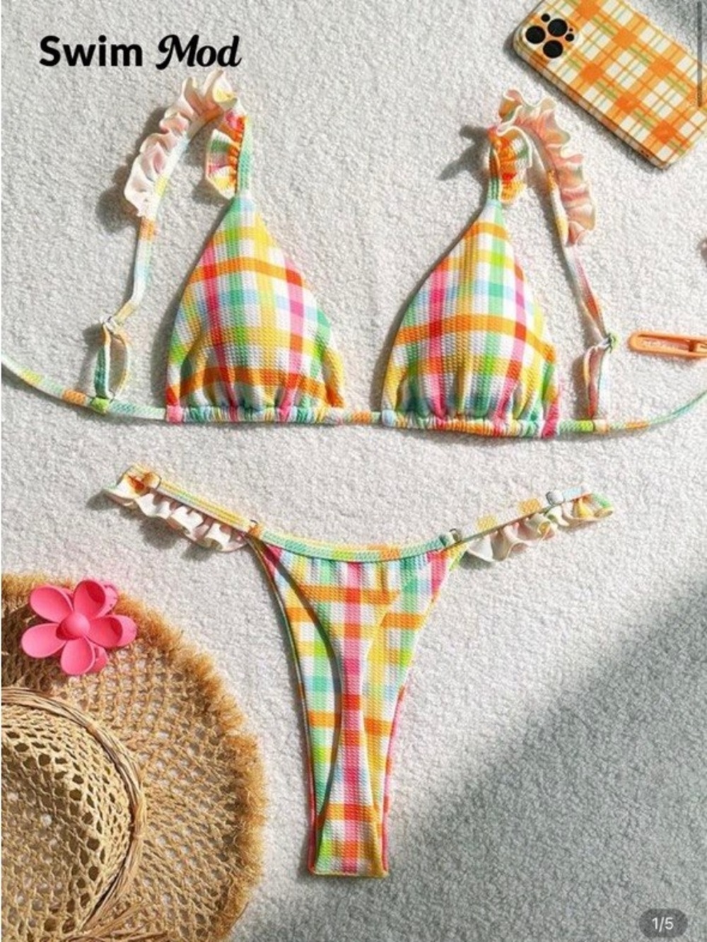 Colorful Plaid Ruffle Triangle Bikini Set - Picture 1 of 7